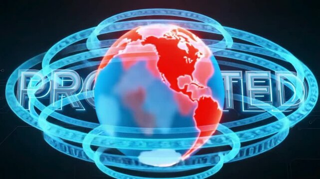 3D earth globe rotating with protected concept text background world security technology