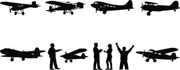 Vintage Aircraft Silhouette Collection with Classic Airplanes Pilots and Aviation Vector Set © MstAkhi