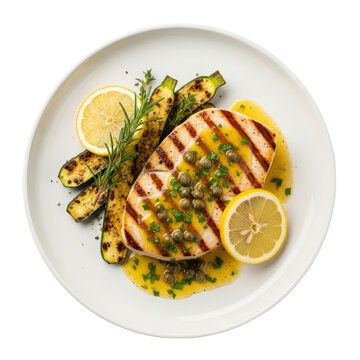 Grilled Swordfish Steak with Lemon Zucchini and Rosemary on a White Plate with Transparent Background
