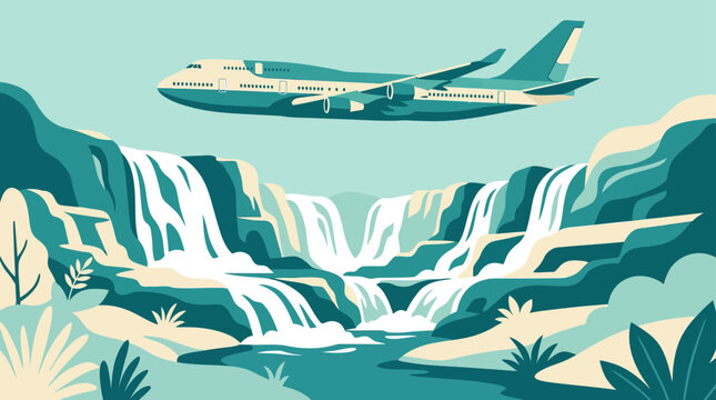 Passenger plane flying above tropical jungle waterfalls.
