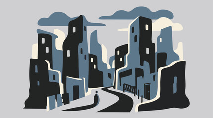 Obraz premium Monochrome urban cityscape with buildings and winding road.
