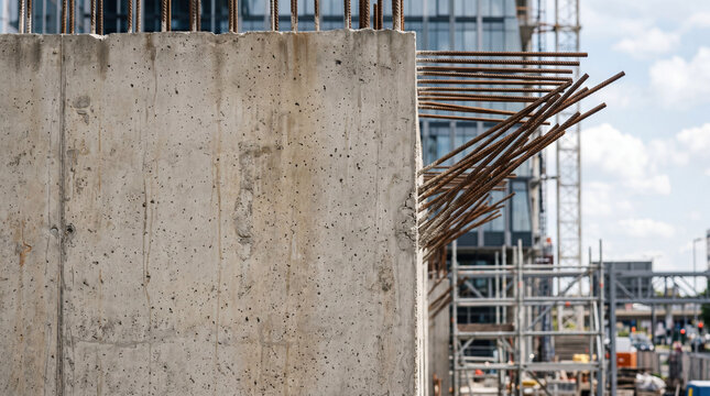 Close-up of unfinished reinforced concrete wall on construction site