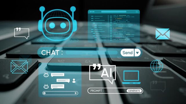 This conceptual image features a chatbot icon alongside various communication elements on a keyboard, illustrating modern digital interactions and user support technology. Entropy.