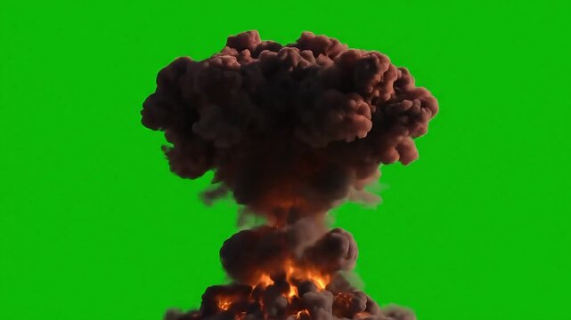 Large realistic fiery explosion with thick smoke isolated on green screen fire flame bomb