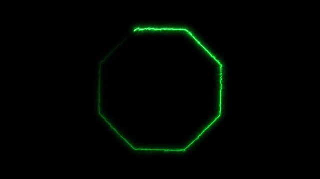 Abstract green energy octagon light trail on black background seamless loop.