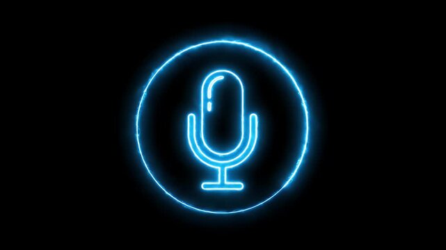 Neon glowing microphone icon inside a circle for podcast and audio recording