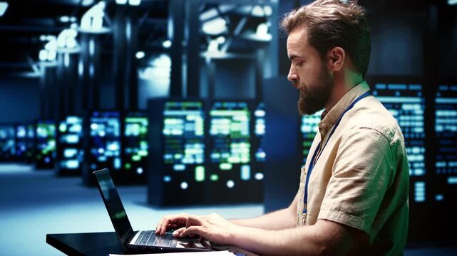 Engineer inspects electronics in a data center, documenting maintenance needs, hardware status and network resources for reliable operations during server diagnostic tests.