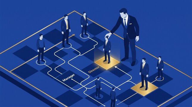 Isometric illustration of corporate hierarchy with leadership handshake with depicts stylized isometric organizational chart