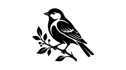 Silhouette of a Titmouse bird perched on a branch with leaves and berries, graphic design © nadiyamilana