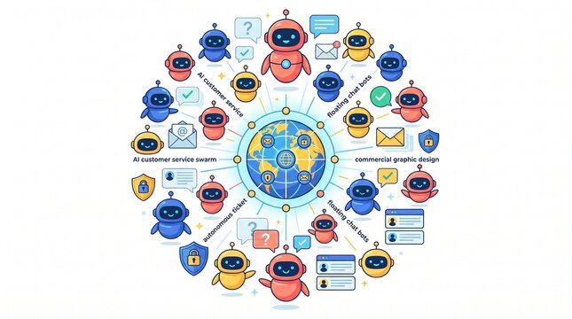 Autonomous ai agents collaborating to resolve customer support tickets in a digital network with interconnected system animated robotic agents handling customer service tasks