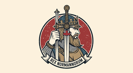 Vintage Royal King Holding Sword Emblem Vector Illustration