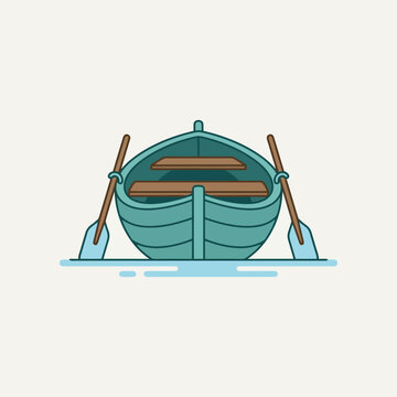 Simple wooden rowboat with two oars floating on calm water