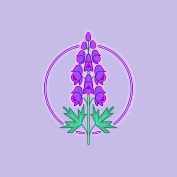 Stylized purple aconite flower illustration in a circular frame