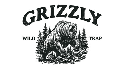 Naklejka premium Vintage grizzly bear wild trap engraving illustration with pine trees forest background for t-shirt design print and outdoor apparel merchandise