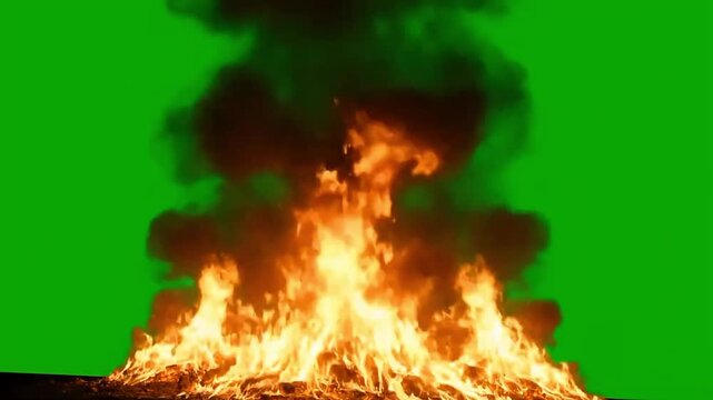 Large intense fire flames burning with smoke on green screen background chroma key inferno