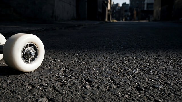 Low angle close up shot of a white skateboard wheel resting on a textured dark asphalt road background in an urban city environment