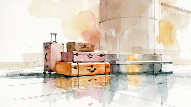 Watercolor painting of vintage suitcases stacked near a large pillar, reflecting on a polished floor with soft, warm tones.