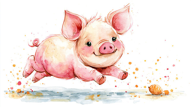 A joyful watercolor illustration of a playful piglet running with a seashell nearby on a light background.