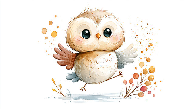 A cute, wide-eyed owl with brown and white feathers stands among autumn foliage, rendered in a soft watercolor style.