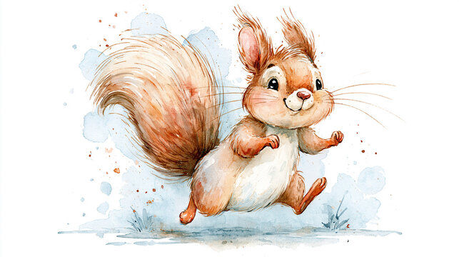 A joyful watercolor illustration of a squirrel joyfully jumping with a bushy tail and playful expression.
