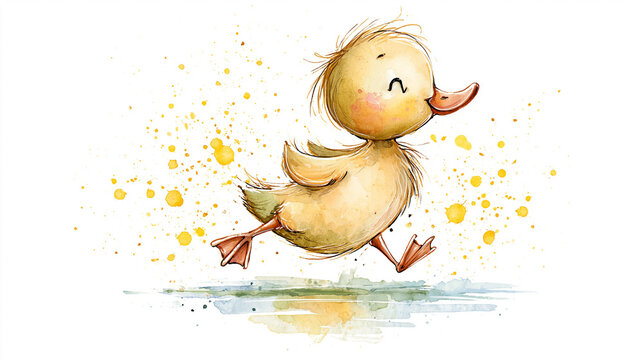 A cute, watercolor duckling happily waddles with splashes of yellow paint around it.