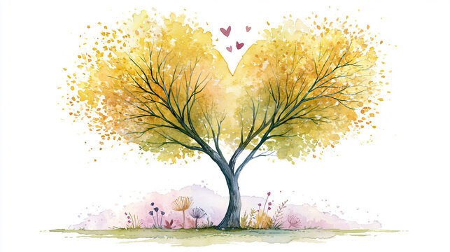 A charming watercolor illustration of a tree with heart-shaped yellow foliage and small hearts floating above, conveying love and nature's beauty.