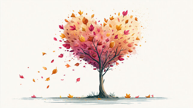 A watercolor illustration of a tree with autumn leaves shaped like a heart, some leaves drifting away in warm tones of red, orange, and yellow.