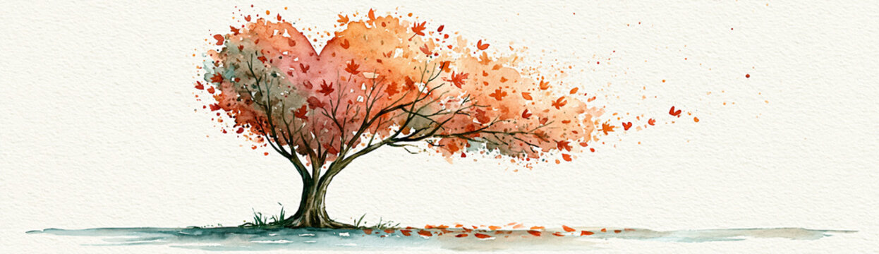A watercolor painting of a tree shaped like a heart with orange, red, and pink leaves blowing gently in the wind.