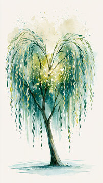A watercolor painting of a slender willow tree with long, flowing branches and delicate leaves against a soft, textured background.