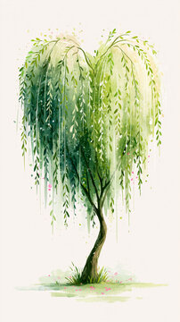 A delicate watercolor painting of a willow tree with long, flowing green leaves and a slender trunk, exuding calm and natural beauty.