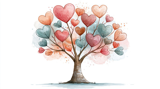 A whimsical watercolor tree with heart-shaped leaves in shades of red, pink, and blue, symbolizing love and affection.