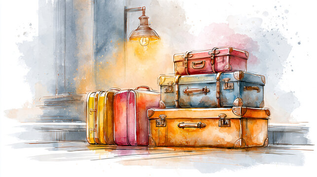 Vintage suitcases stacked near a wall under a warm lamp, illustrated with watercolor textures and soft colors.
