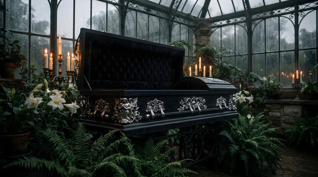 An ornate open black coffin with velvet lining inside a moody greenhouse surrounded by lush green ferns, white lilies, and burning candles