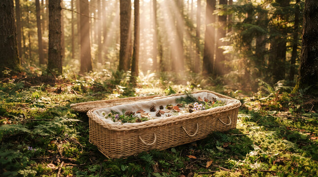 Eco friendly wicker coffin decorated with wildflowers and pinecones on a mossy forest floor with bright sunbeams filtering through the trees