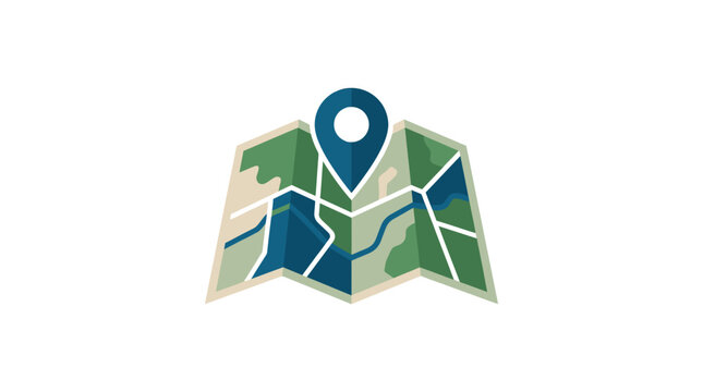 Folded paper map with blue location pin icon