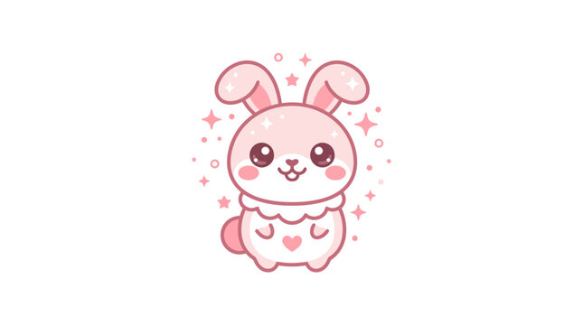 Cute pink cartoon rabbit with hearts and sparkles.