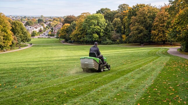 Gardener driving a green lawnmower on a sloped hillside in a public park during autumn.