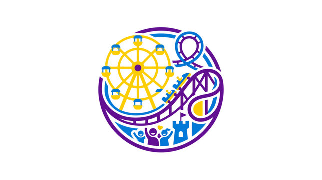 Colorful amusement park ferris wheel and roller coaster logo.