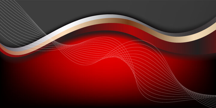Abstract red and black tech background with dynamic wavy lines and gold silver curves. Vector illustration