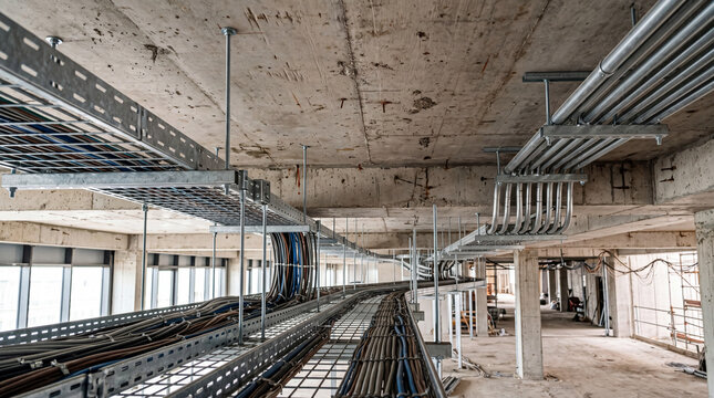 Abandoned industrial interior with exposed electrical conduits and metal infrastructure