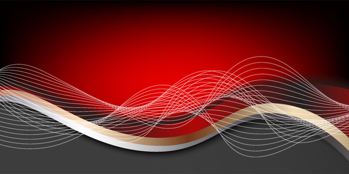 Abstract red and black tech background with dynamic wavy lines and gold silver curves. Vector illustration