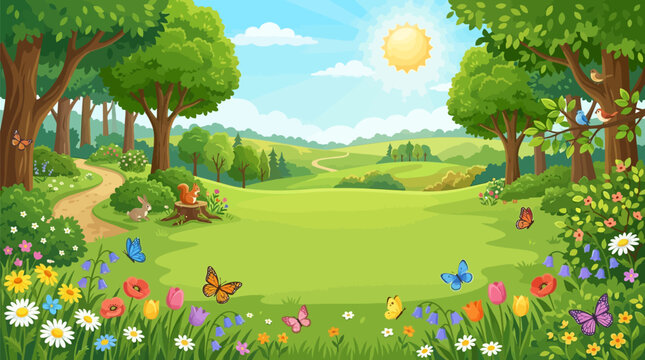 Vibrant cartoon forest clearing with sunny sky colorful wildflowers butterflies squirrel rabbit with colorful vector illustration environment