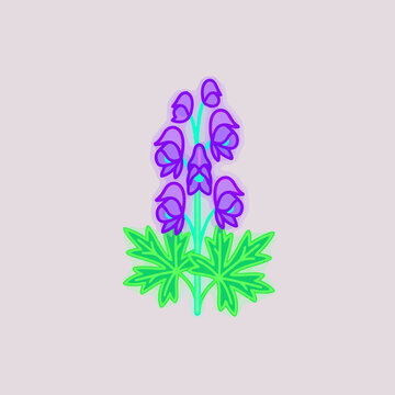 Stylized purple aconite flower illustration with green leaves on a pale background