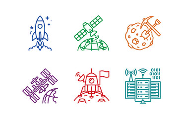 Space economy line art icon set representing rocket launch, satellite communications, asteroid mining, space station orbital infrastructure, lunar lander mission, and data center technology. © Dwi