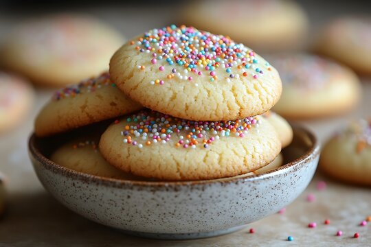 Close-up of freshly baked sugar cookies with colorful sprinkles in a rustic ceramic bowl on wooden table