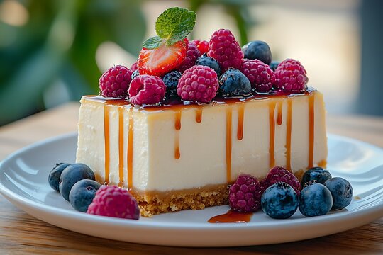 Delicious cheesecake topped with fresh berries, caramel drizzle, mint leaf, on a white plate with wooden table background