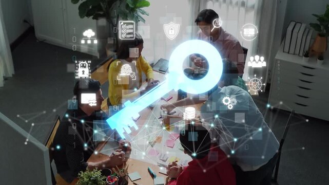 Collaborative Teamwork on Digital Security Project with Key Symbol Illustrating Cyber Protection and Cloud Technology Concepts for Business Growth Sigmoid