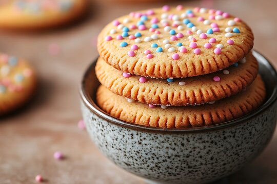 Freshly baked sugar cookies topped with colorful sprinkles stacked in a ceramic bowl on a rustic wooden surface