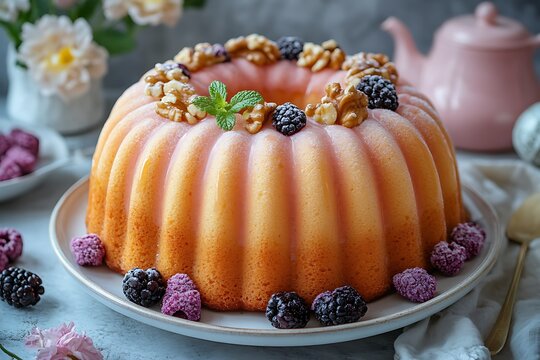 Elegant Berry and Nut Garnished Citrus Pound Cake with Decorative Ring of Blackberries and Raspberries on White Serving Plate