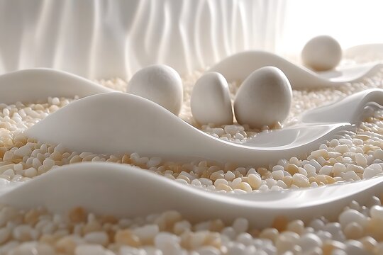 Elegant Ceramic Scene Featuring Smooth Egg-shaped Sculptures and Curved Bowls Resting on a Bed of Small Spheres with Soft Light